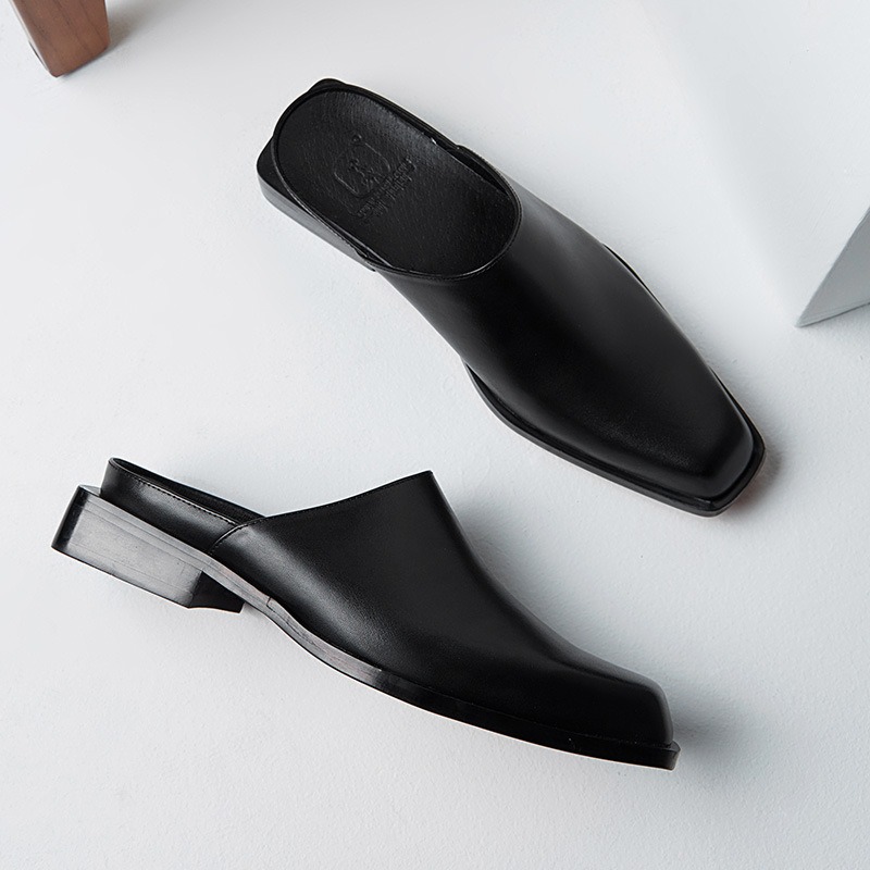 Men's square headed cowhide slippers with a stylish hollow back without a heel hollowed out leather slippers image 3