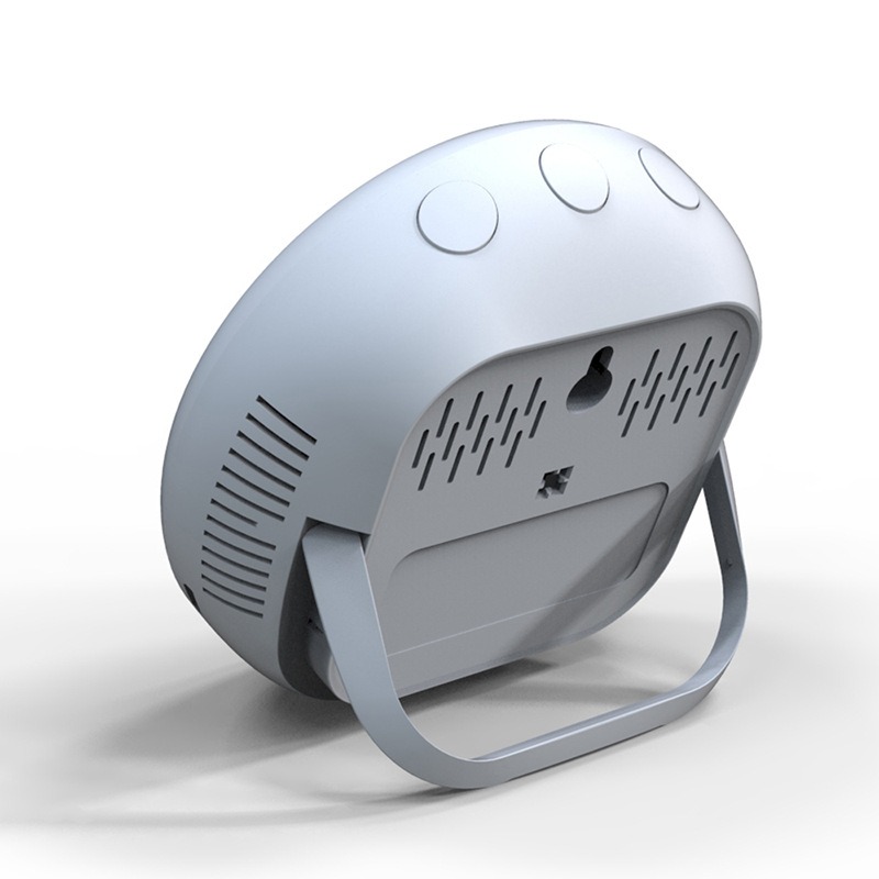 Rear view of white monitor with fold-out stand and vent grilles