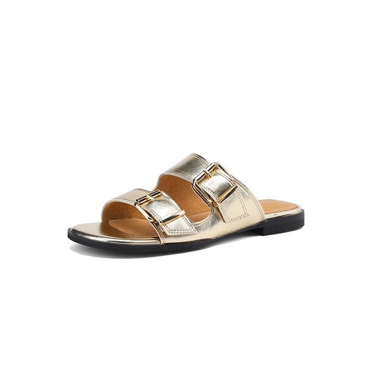 Flat bottom belt buckle round toe cowhide open toe sandals for women image 3