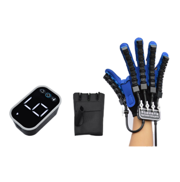 Digital controller unit, black carrying case, and glove worn on hand showing all five motorized fingers in extended position