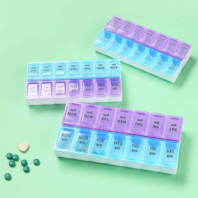 Three weekly pill organizers showing blue AM and purple PM rows from several angles