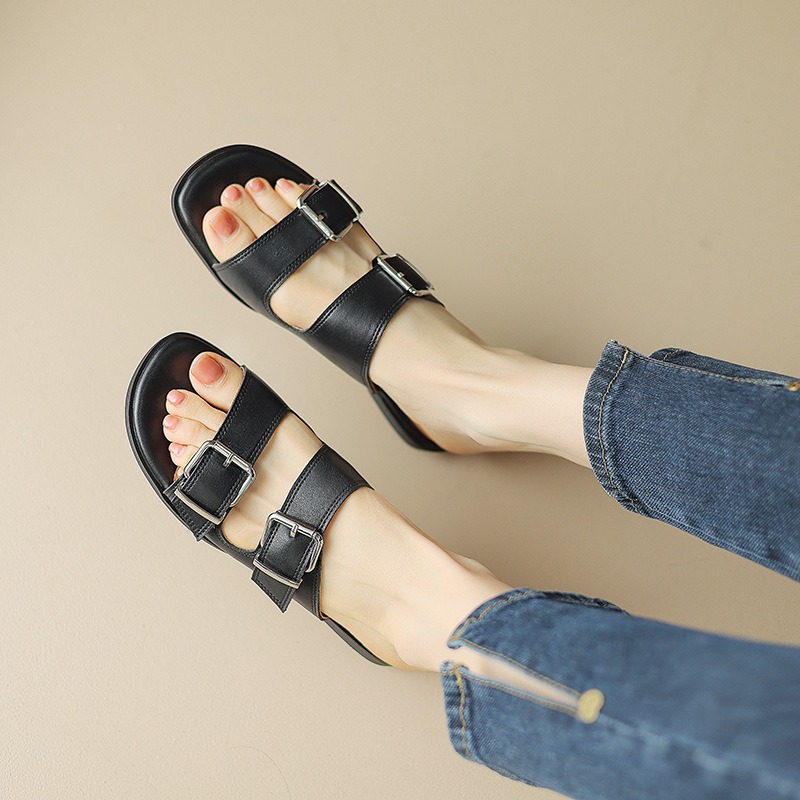 Flat bottom belt buckle round toe cowhide open toe sandals for women image 7