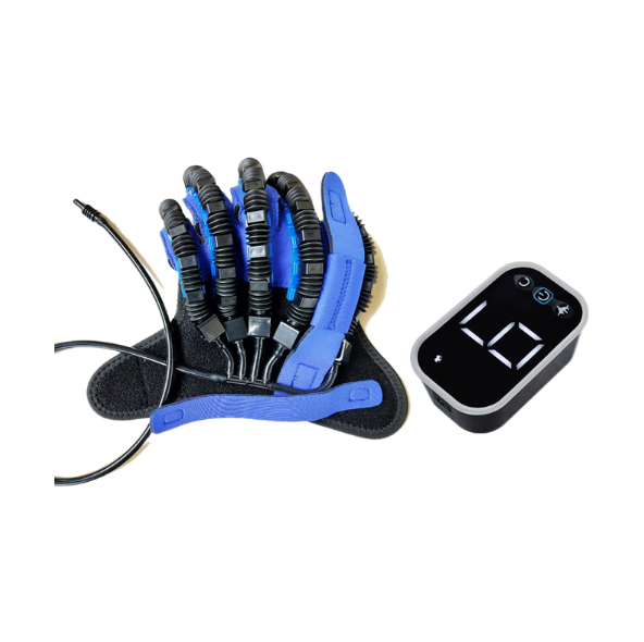 Robotic rehabilitation glove with blue finger modules on black base, digital controller showing resistance level, laid flat display