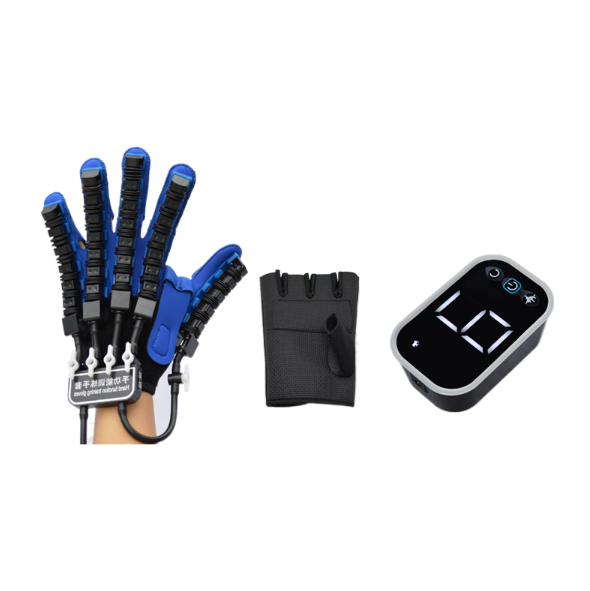 Glove actively worn on hand demonstrating realistic therapeutic use with digital controller visible