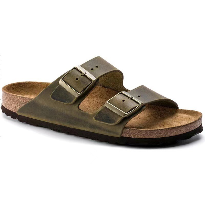 Wooden sole slippers for both men and women with frosted leather double breasted buttons