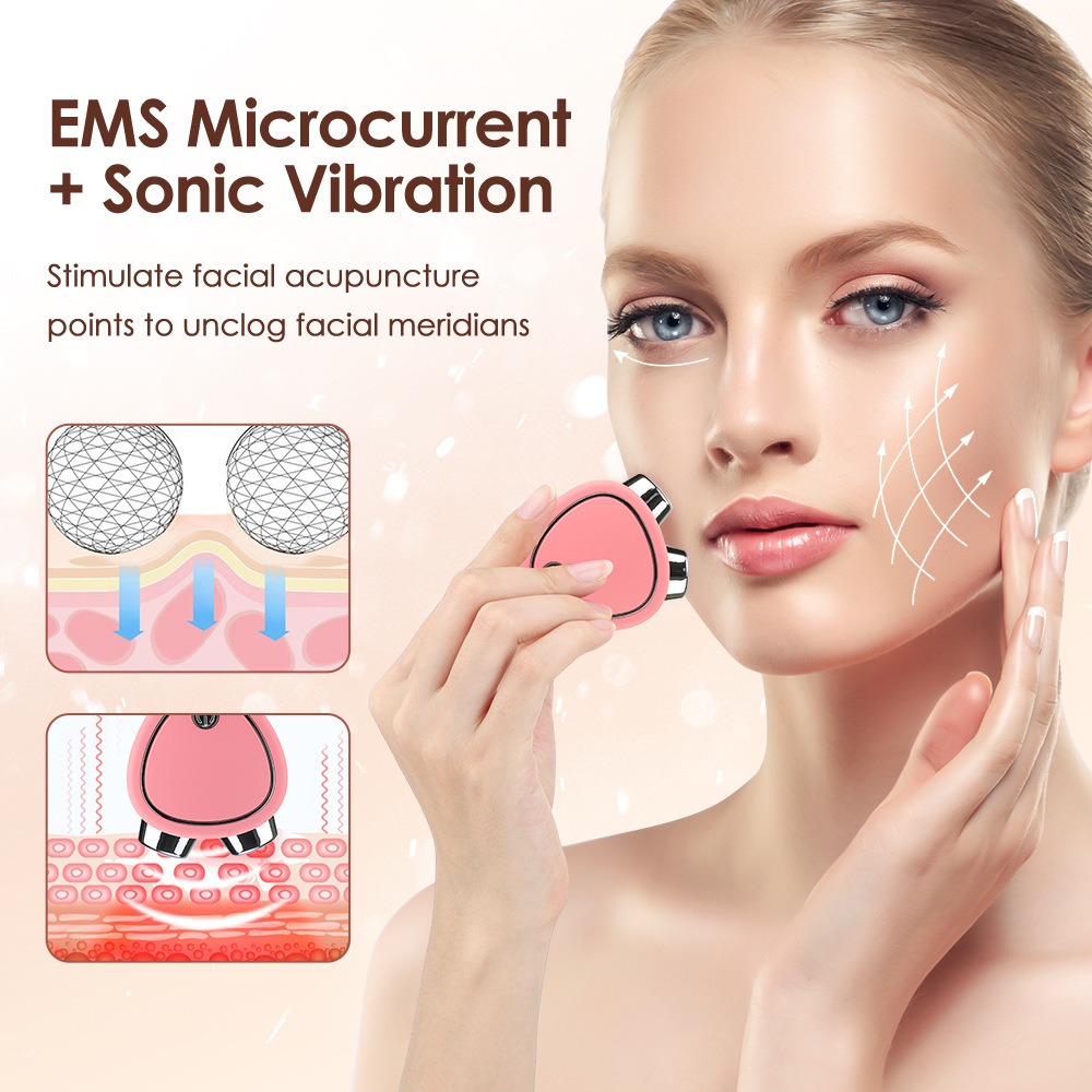 Close-up of device with EMS microcurrent diagram, showing skin penetration layers.