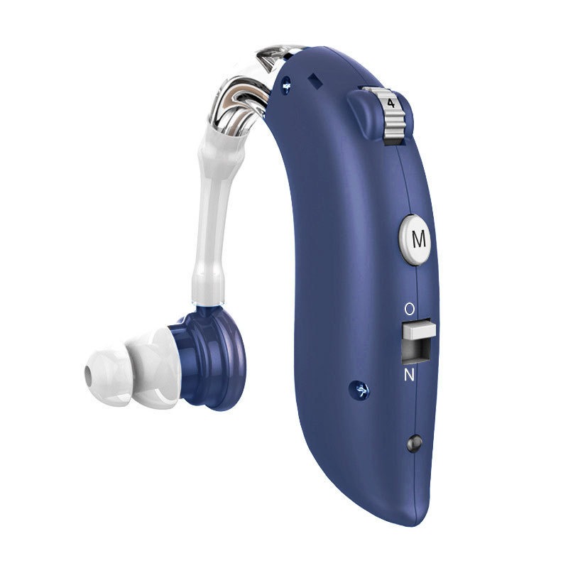 Navy blue hearing aid connected to USB charging cable, brighter future
