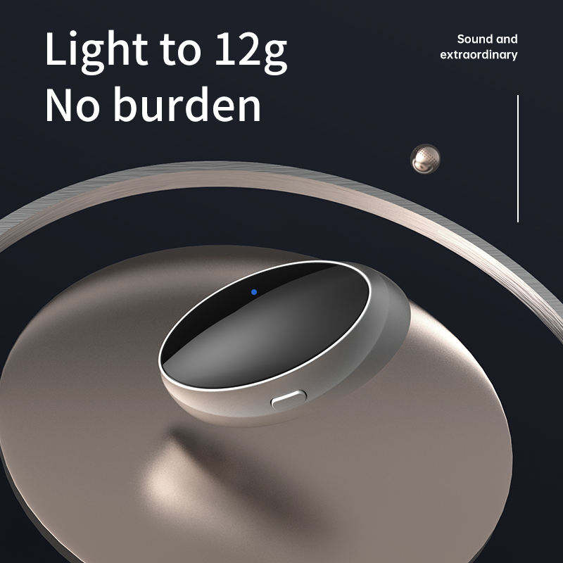 Anti-snoring device with metallic silver band and silicone pad, displayed on an oat-toned background with warm lighting.