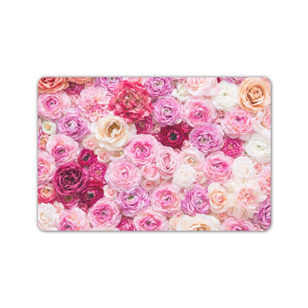 Floral doormat 24x16 inch with pink flowers, non-slip rubber backing, perfect for indoor and outdoor use.