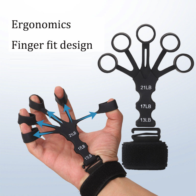 Hand demonstrating black 5-finger trainer on palm with blue directional arrows showing resistance mechanics