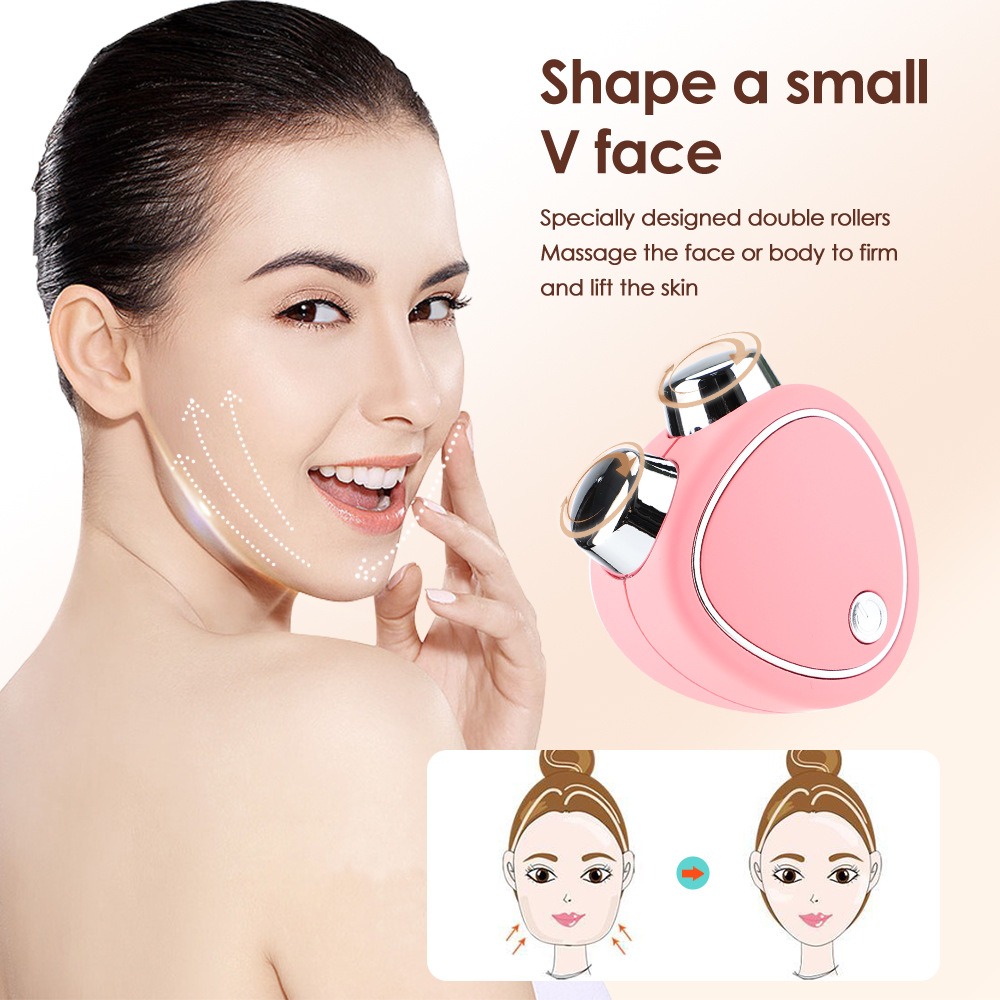 Woman demonstrating V-face sculpting technique with pink dual-roller device, lifting massage pathways on cheeks and jawline.