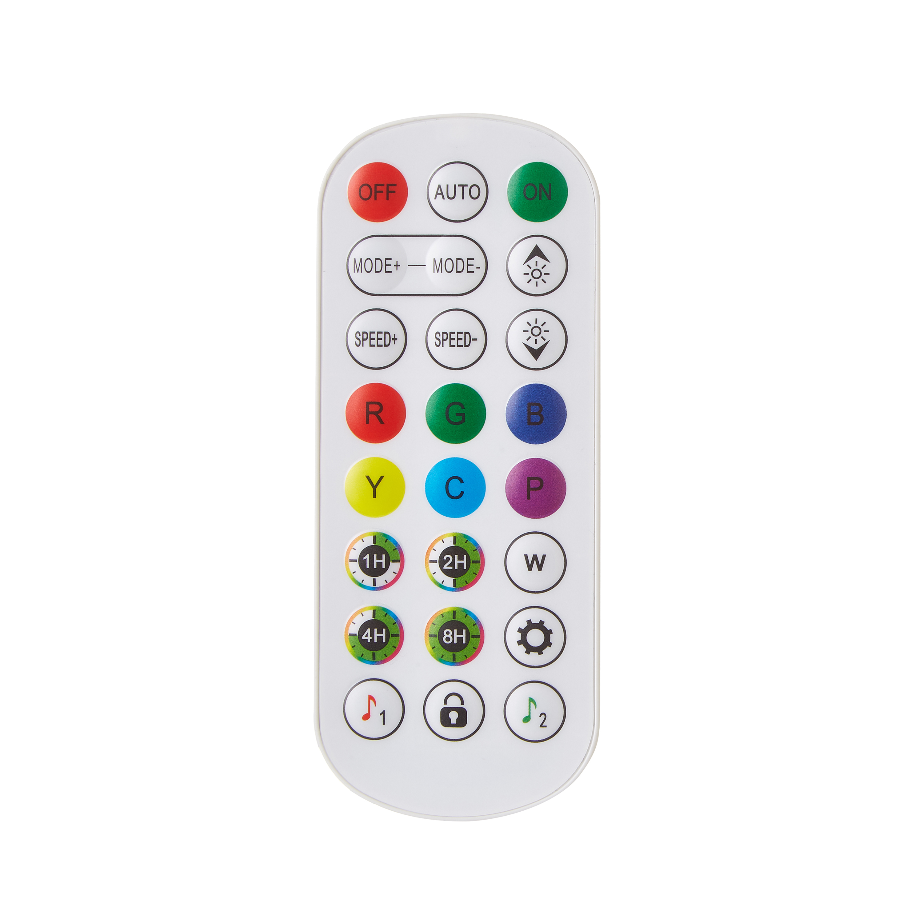White LED remote with color, mode, brightness and timer buttons