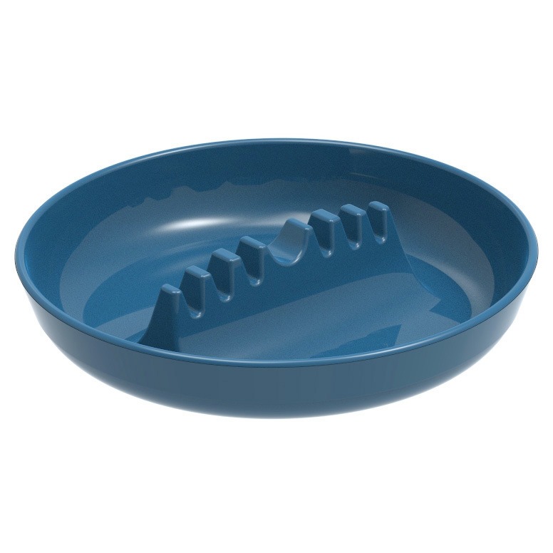 Steel blue round melamine ashtray with raised divider and cigarette grooves