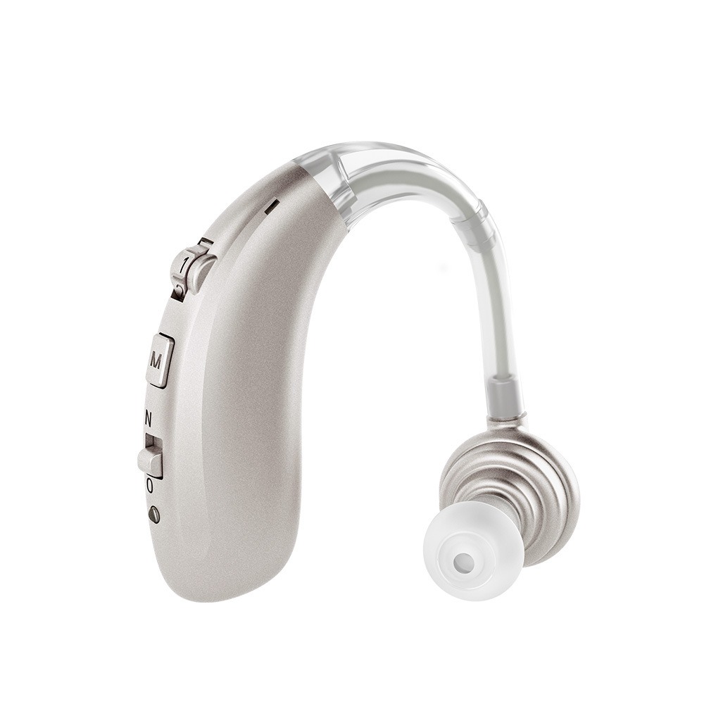Light gray hearing aid in side profile showing clean matte finish and transparent tubing, representing modern discretion