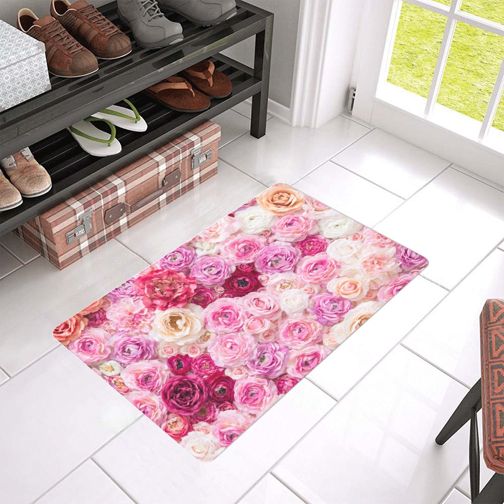 Floral doormat 24x16 inch, durable non-slip rubber backing, pink flowers design, indoor or outdoor use.