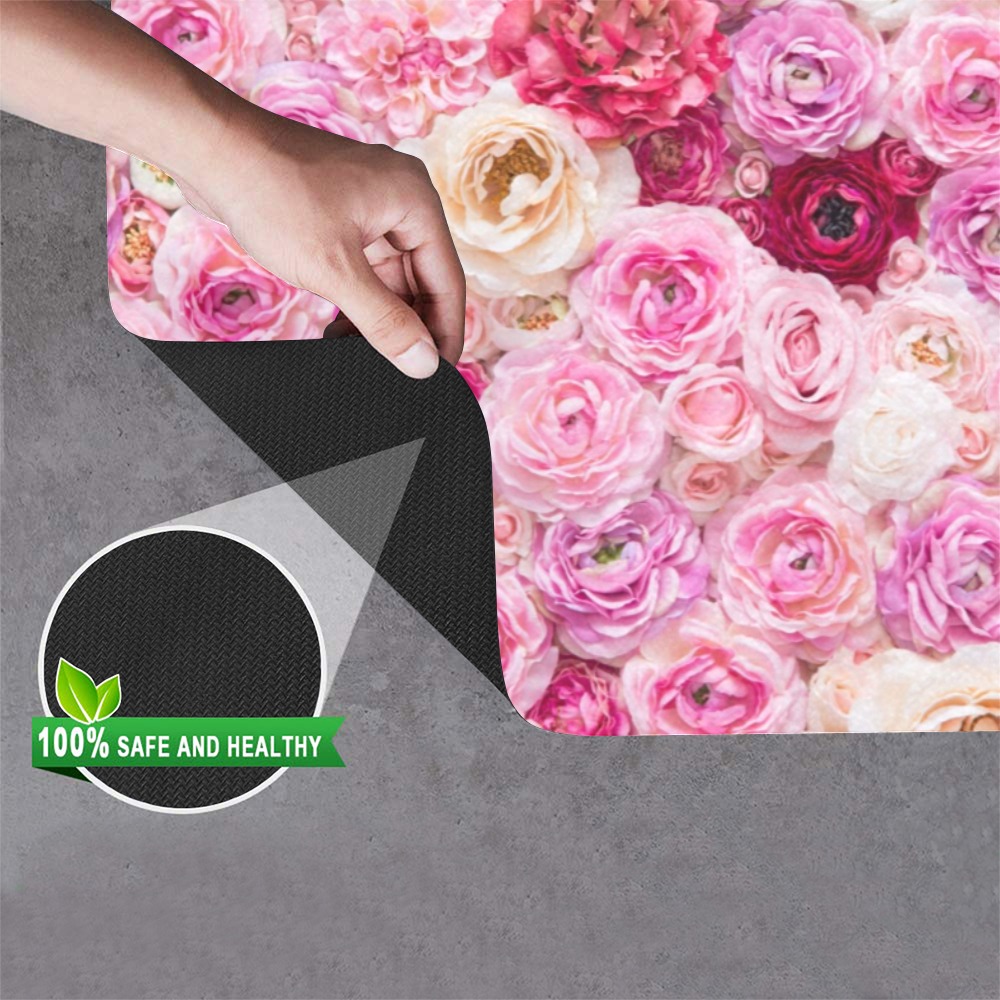 Floral doormat with rubber backing, non-slip, water safe, pink roses design, indoor/outdoor use.