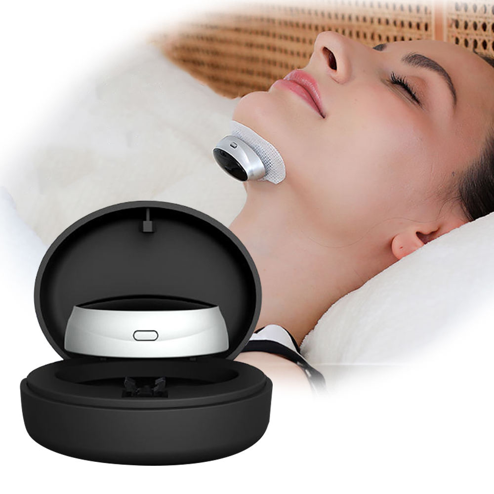 Woman sleeping peacefully with the device, symbolizing restored, silent sleep.