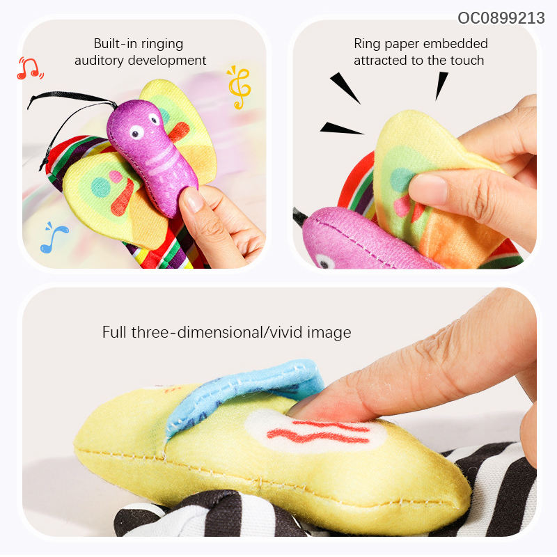 Close-up of plush rattle touched during sensory play