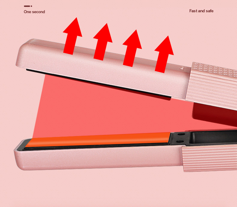 Open heated plates on compact pink styling tool