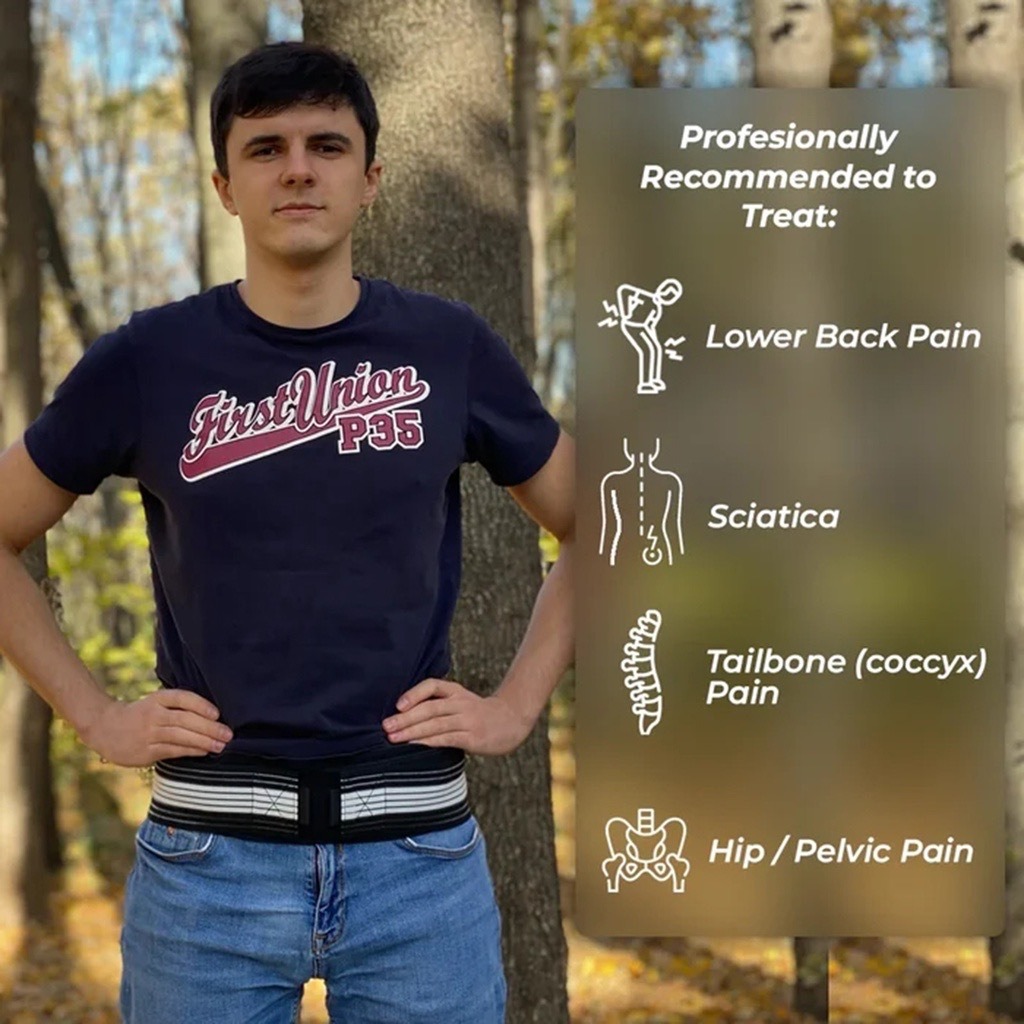 Pelvic belt fastening shown around waist during wear