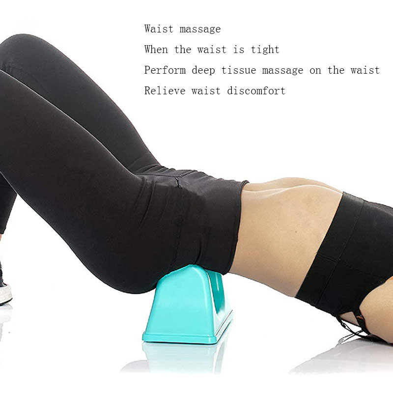 Woman in black leggings uses the turquoise massage tool on her lower leg, demonstrating the ergonomic precision and ease.