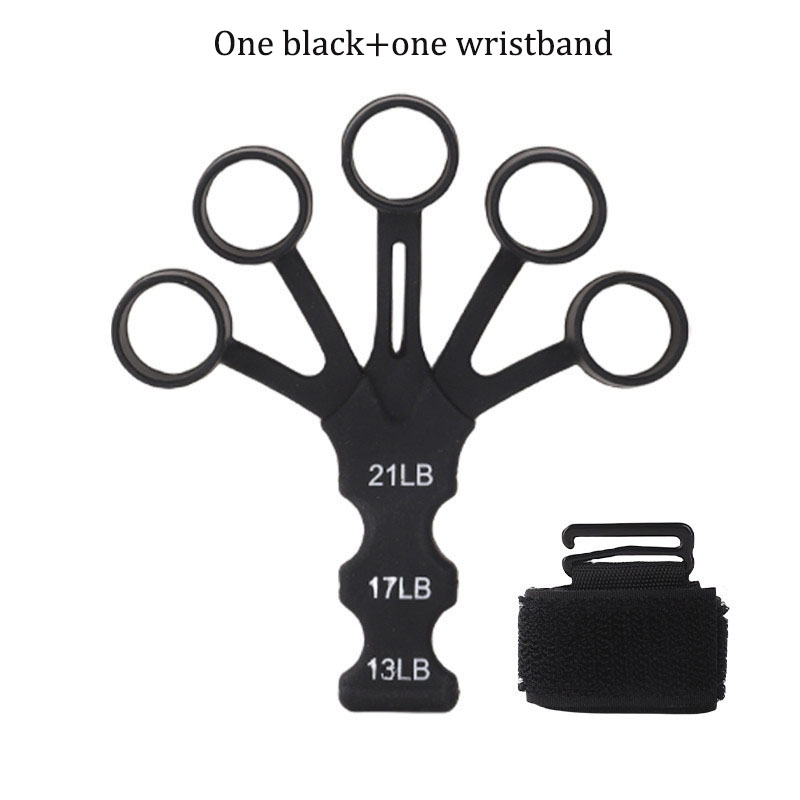 Advanced black trainer with 21‑17‑13 lb resistance bands, showing transformed hand strength
