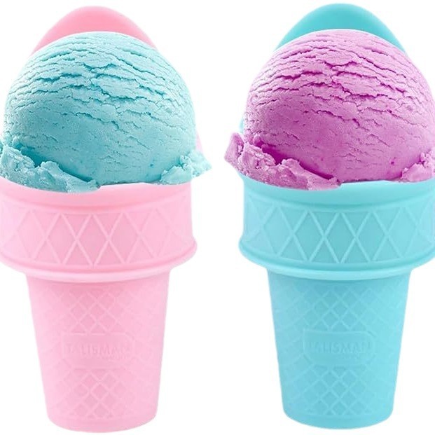 Close-up of a pink cone spoon holding a blue and purple scoop