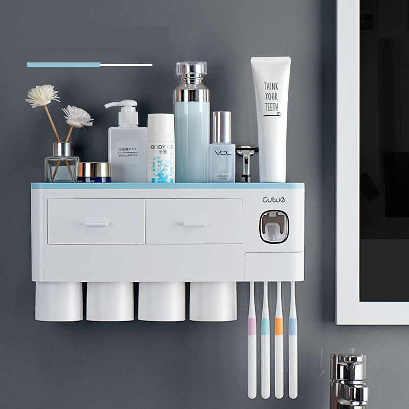 Wall-mounted organizer with four cups and blue top shelf