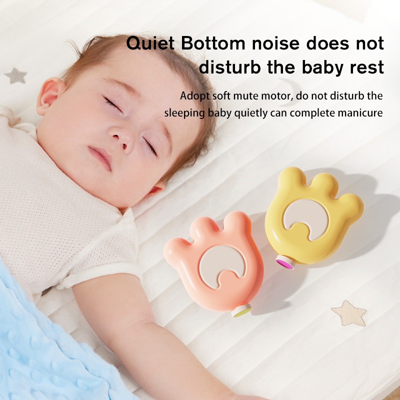 Pastel nail grinder beside a resting sleeping baby