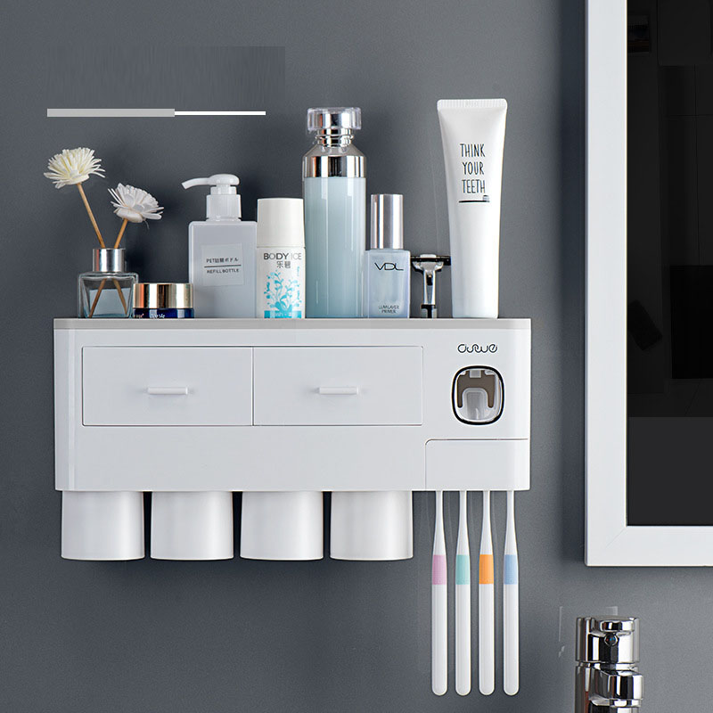 Grey top shelf wall organizer with drawers and cup slots