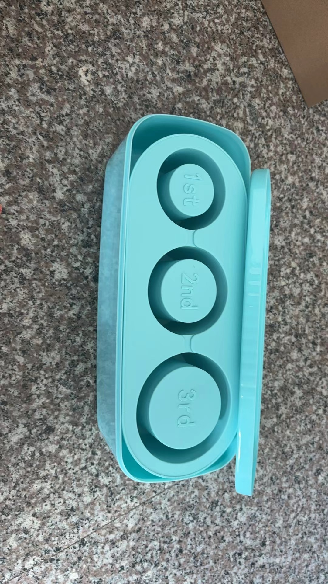 Teal silicone ice grid with 1st, 2nd and 3rd round cavities side by side