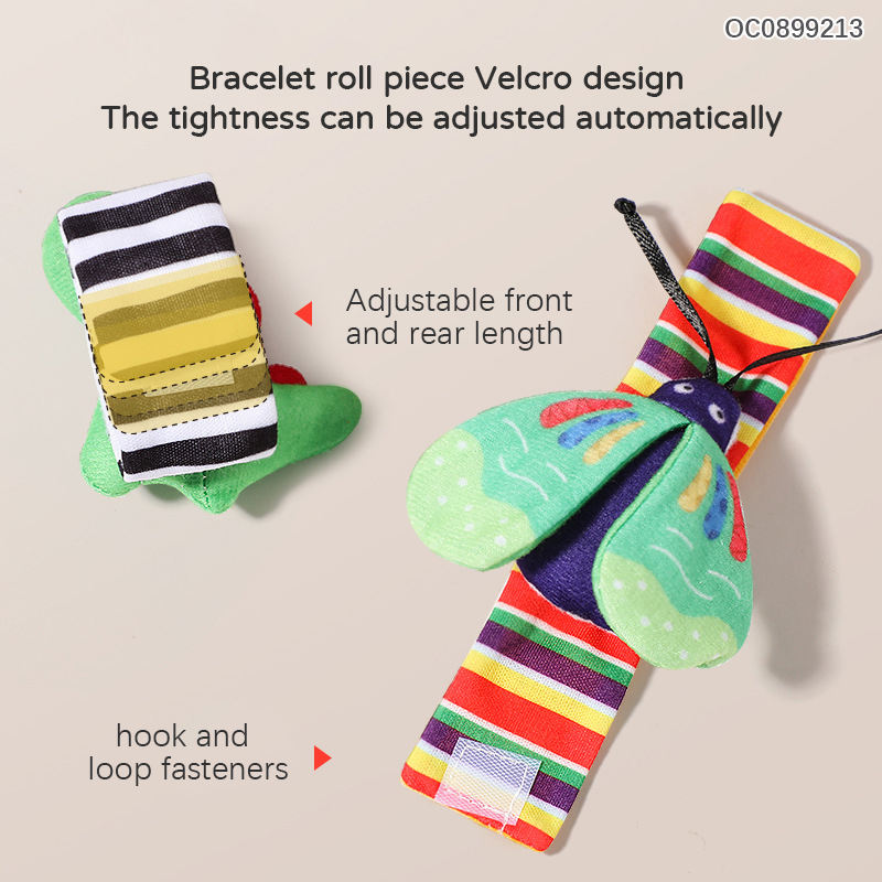 Adjustable striped rattle band showing hook-and-loop closure