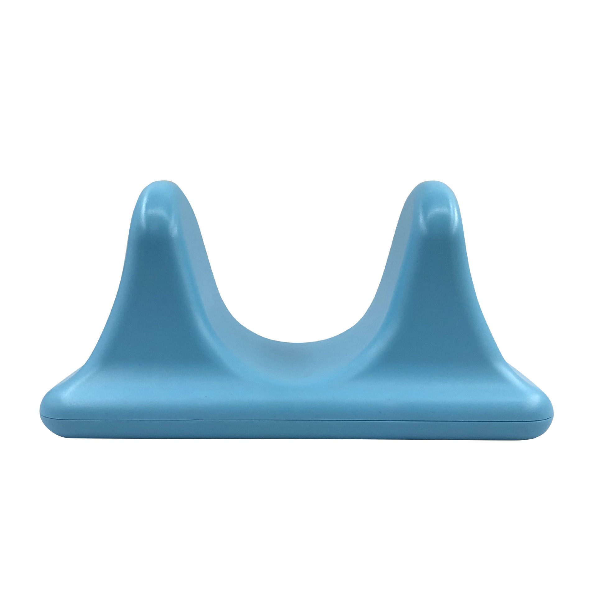 Close‑up of the turquoise massager’s U‑shaped dual‑peak design, highlighting its sculptural, ergonomic form.