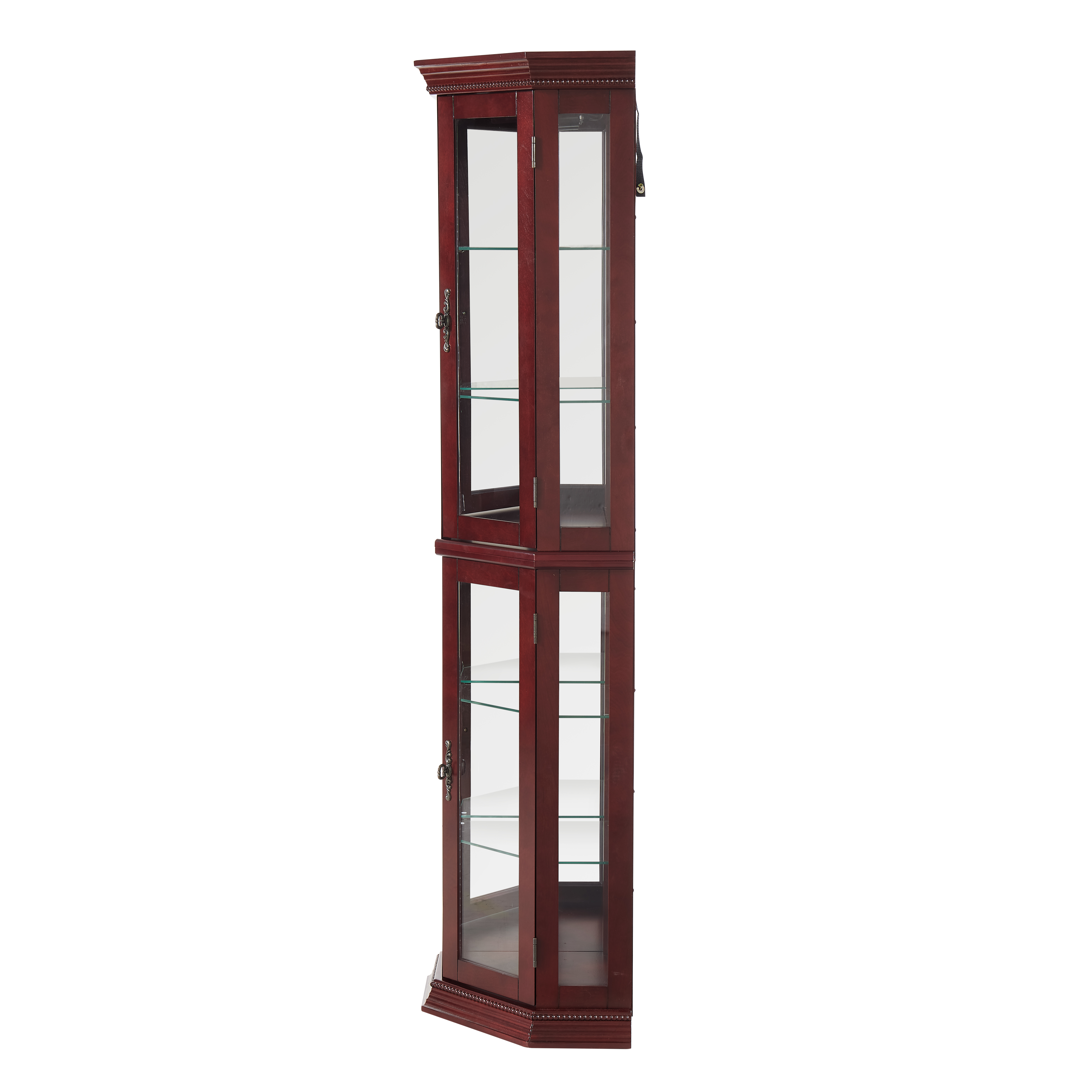 Lit cherry corner curio cabinet filling a living room corner