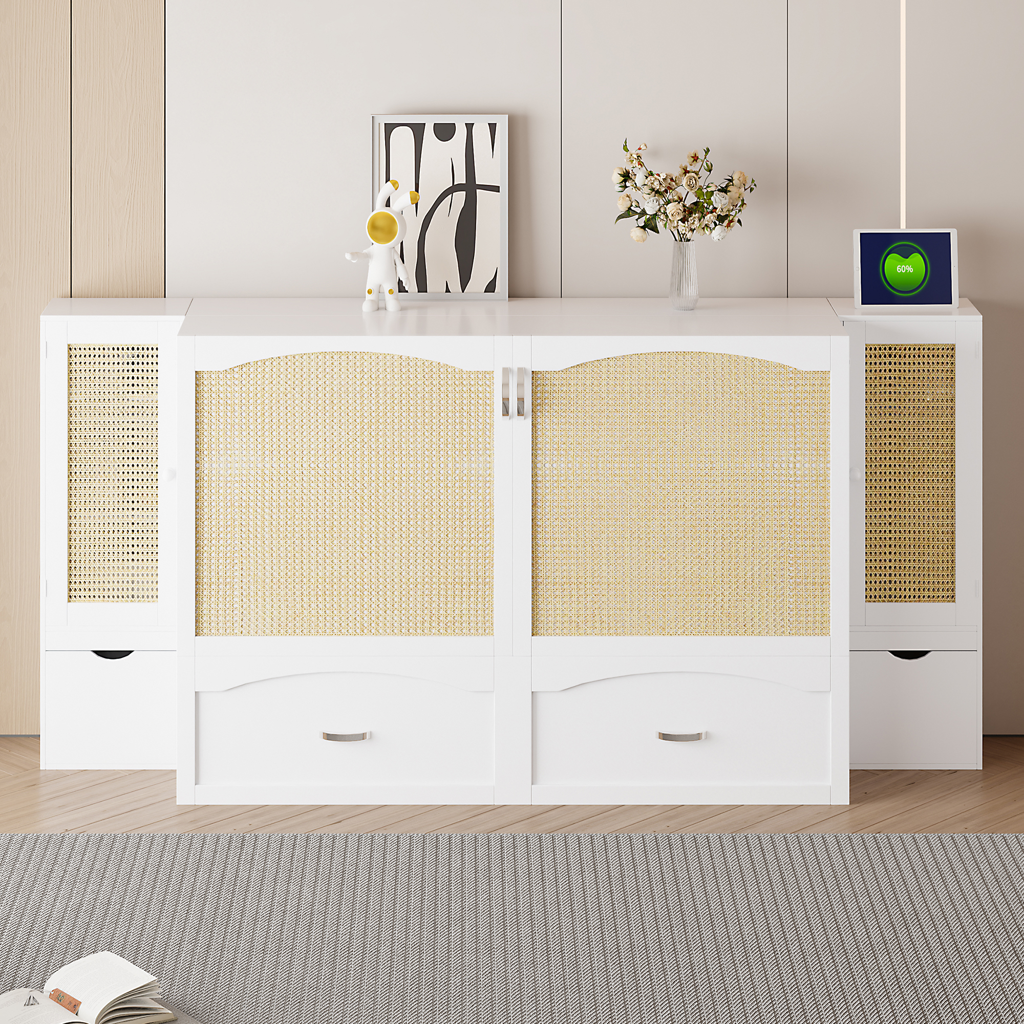 Large Wall-Mounted Murphy Bed – White with Drawers, 2 Storage Cabinets, Sockets