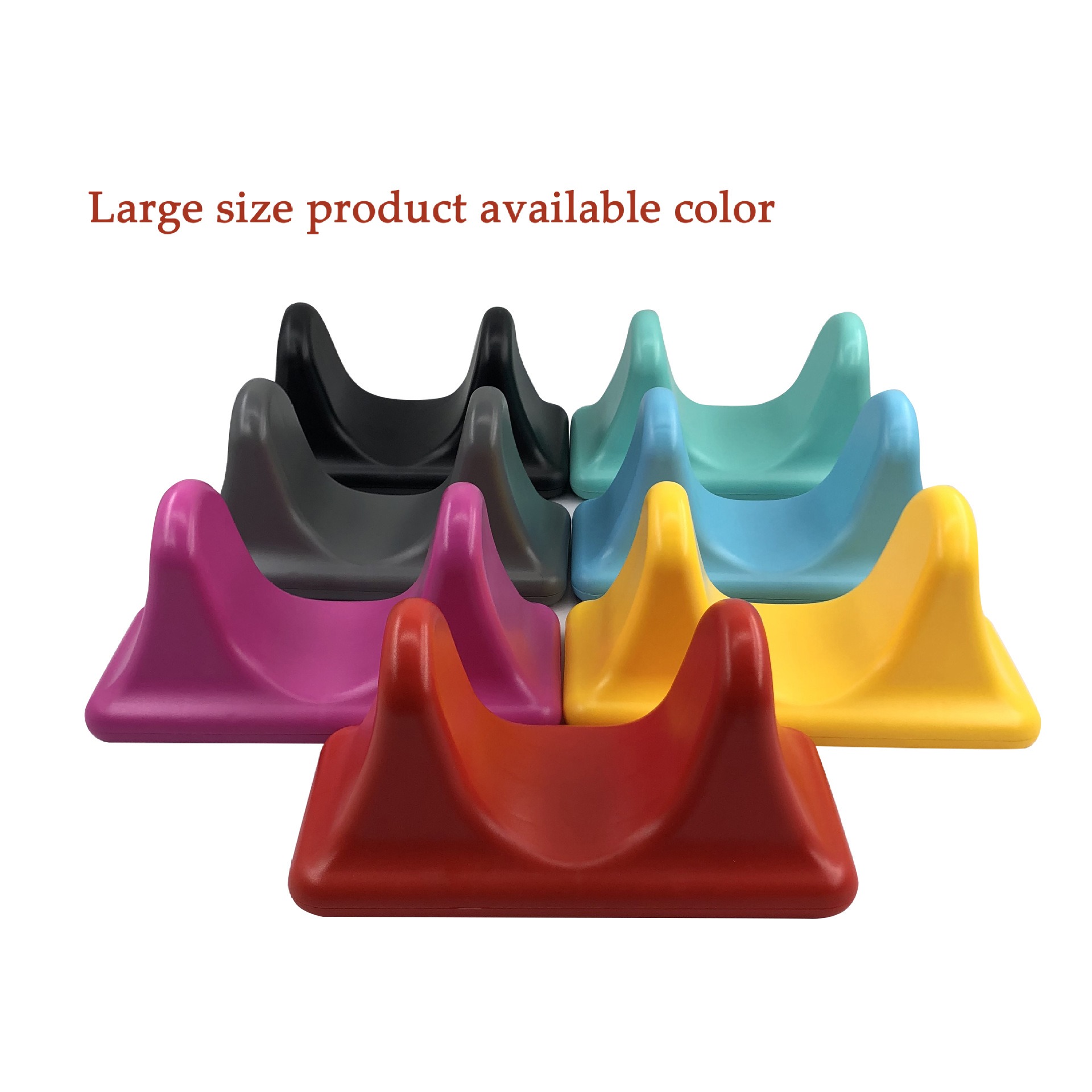 Six colorful deep tissue massagers in turquoise, black, magenta, blue, yellow, and charcoal, showcasing the full ergonomic design range.
