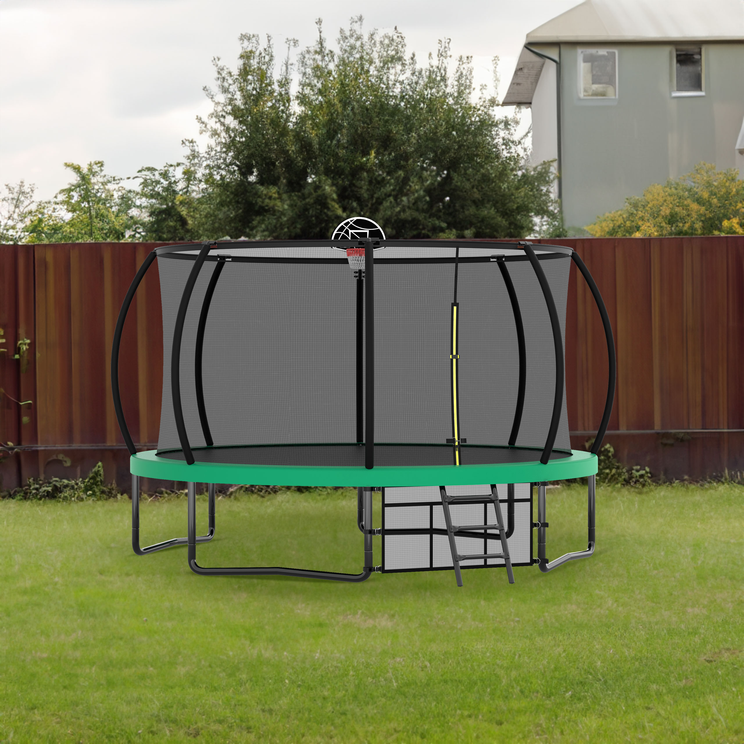 12FT trampoline with safety net and ladder set up on a backyard lawn