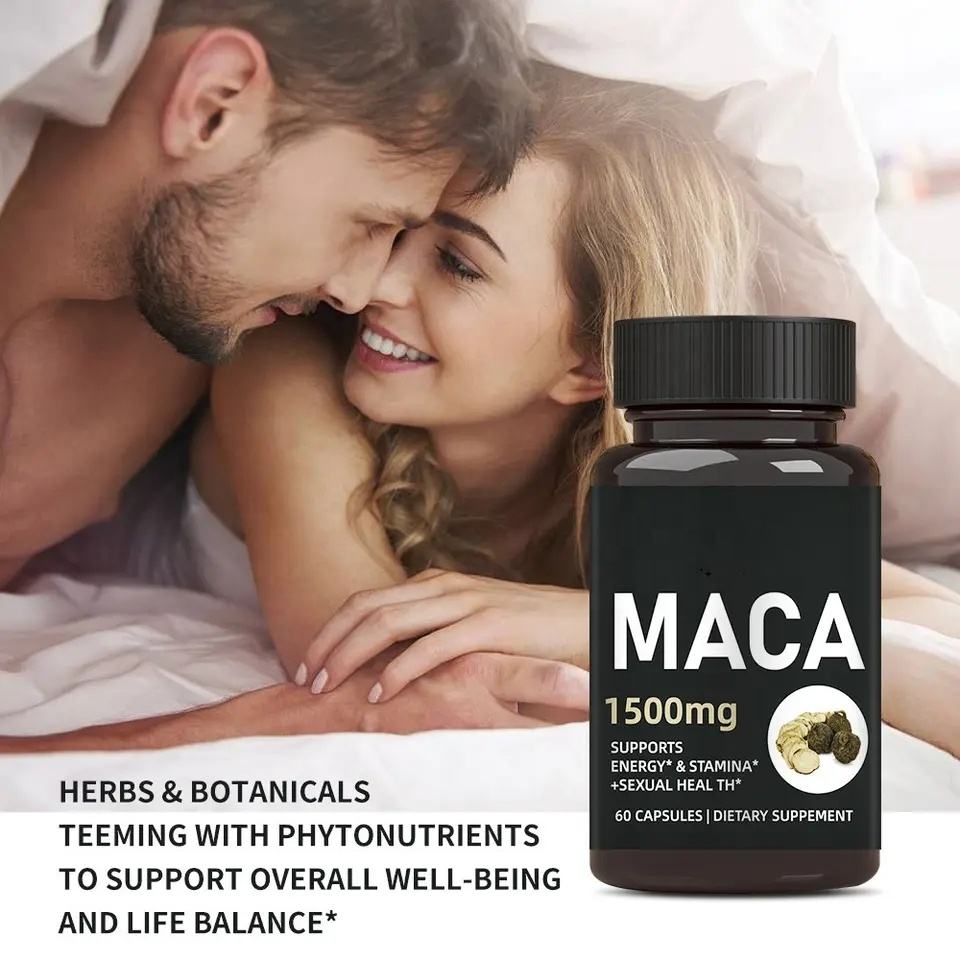 Intimate couple holding Maca 1500mg bottle, conveying restored energy and connection
