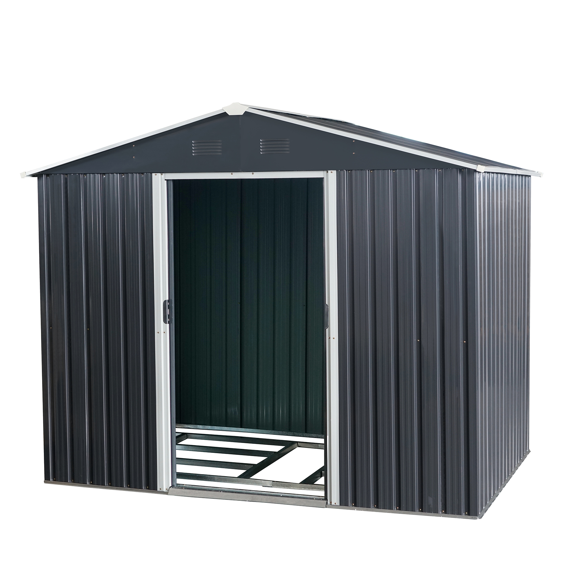 Sunlit garden with a steel shed casting shade on the lawn
