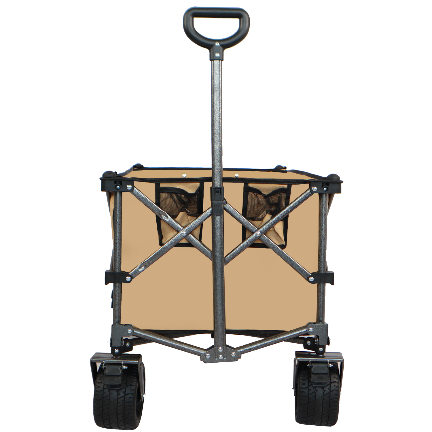 Wagon wheel and front brake detail on a sand-toned folding cart