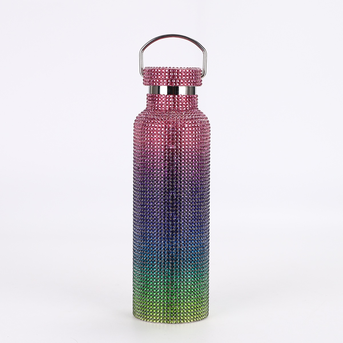 Rhinestone stainless steel bottle with silver rim and loop handle, close view