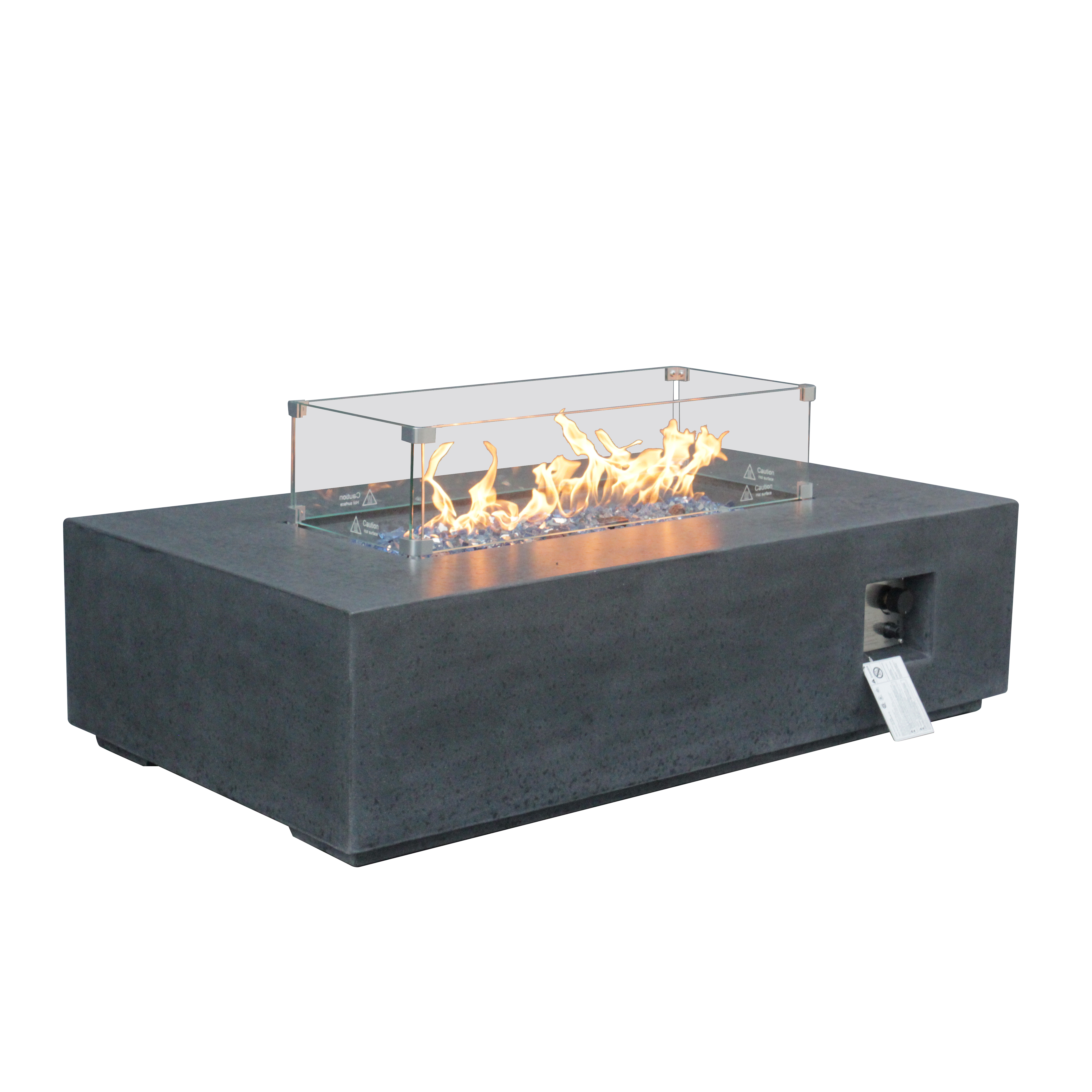 Three-quarter view of fire pit with glass wind guard and blue fire glass