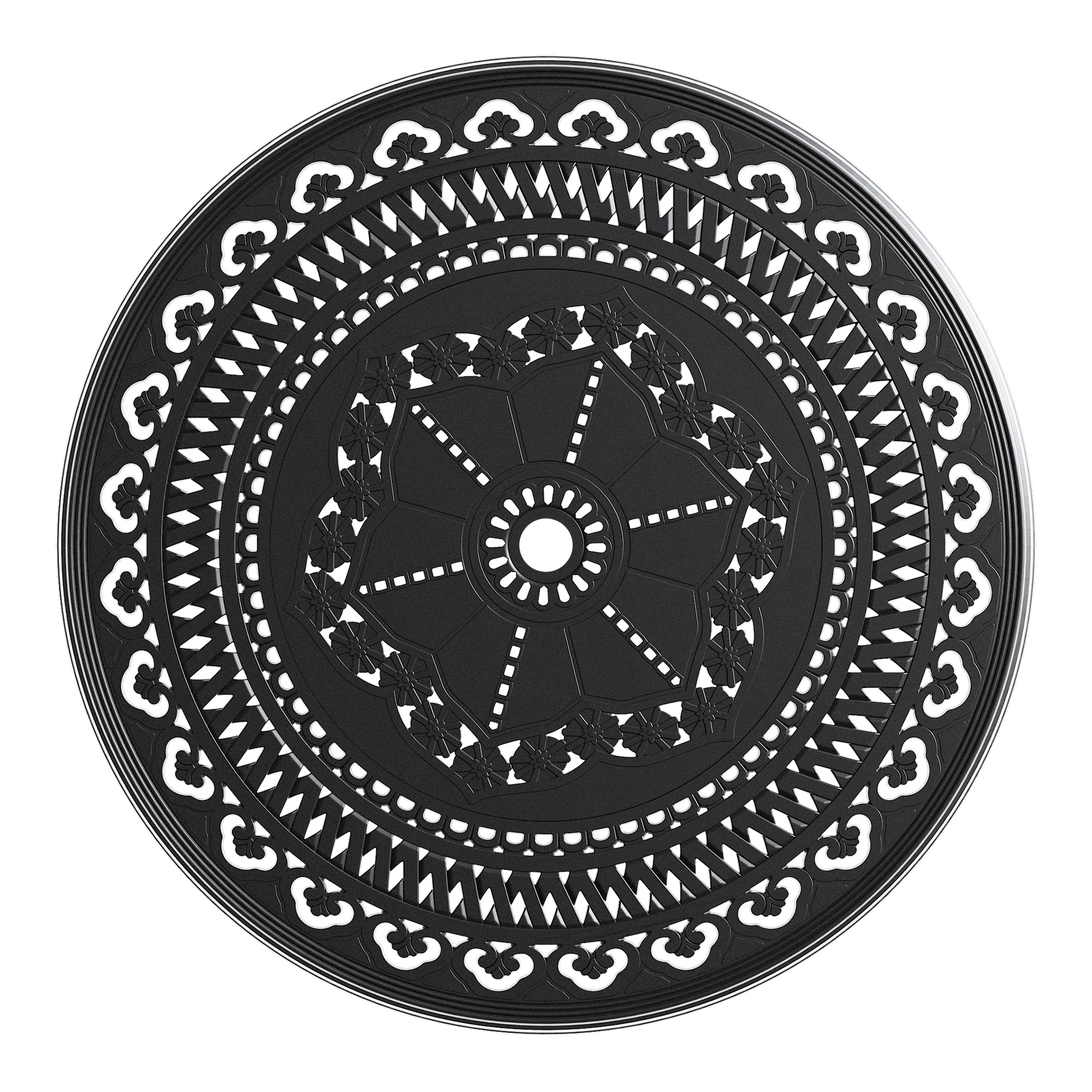 Top-down view of round black patio table with central umbrella hole