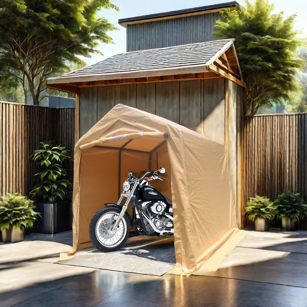 Tan shelter with a motorcycle parked inside and the front open