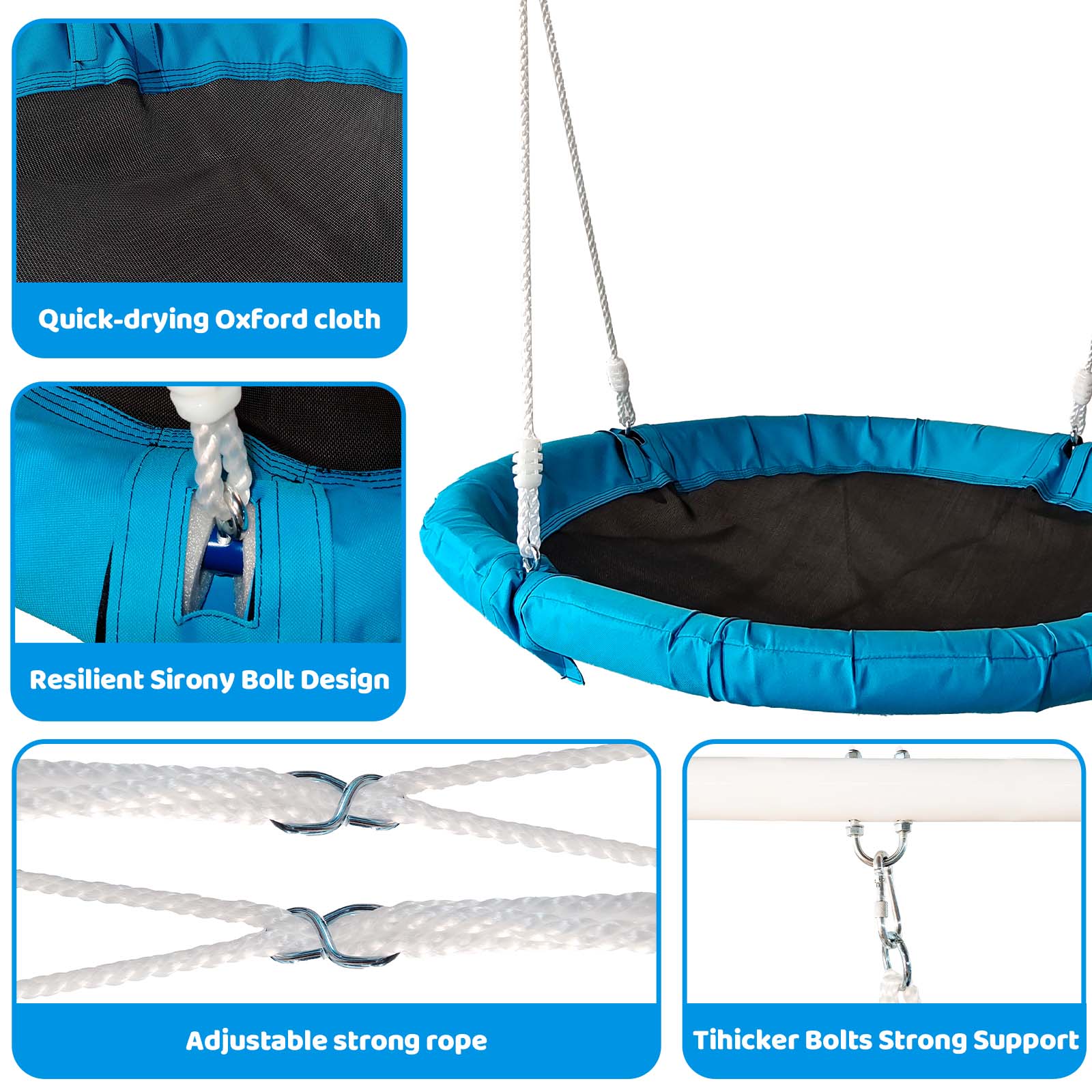 Close-up of Oxford cloth seat, bolt connection and braided rope on the swing