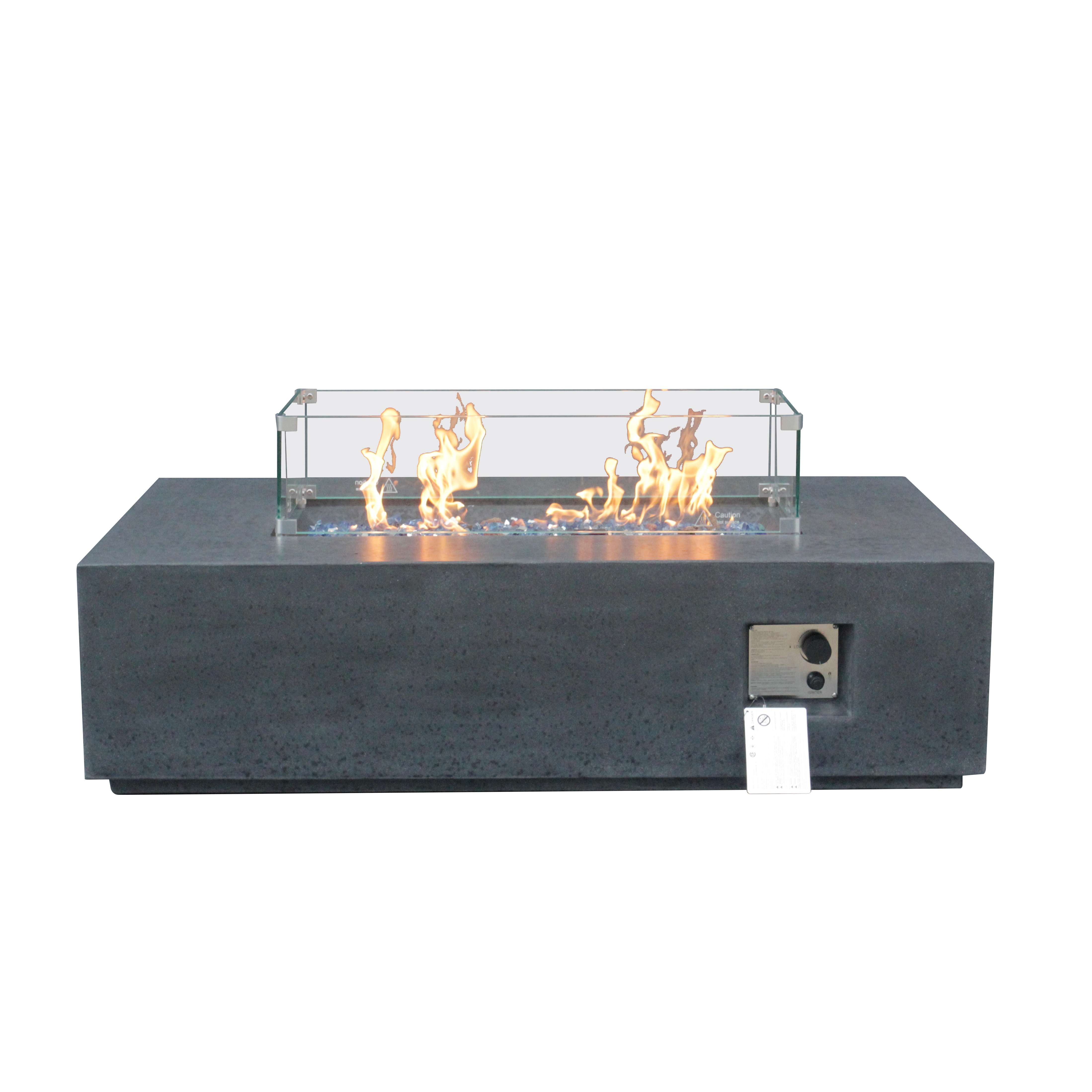 Rectangular propane fire pit table with lit flame and clear glass guard