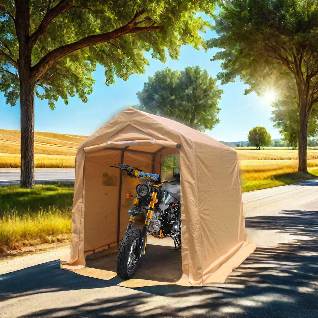 Covered tan shelter in use with gear stored inside on a sunny day