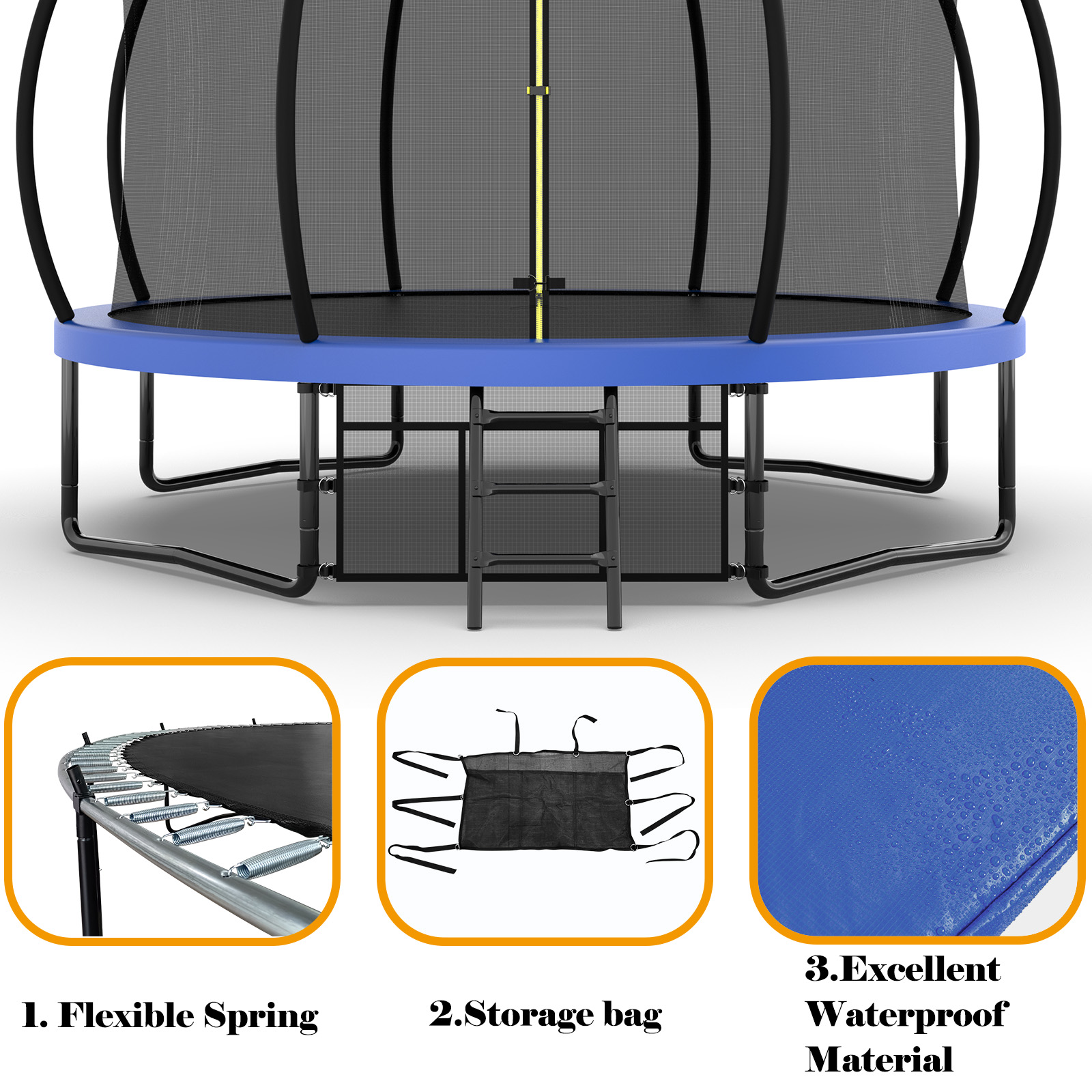 Trampoline set up on a lawn with kids playing inside the enclosure