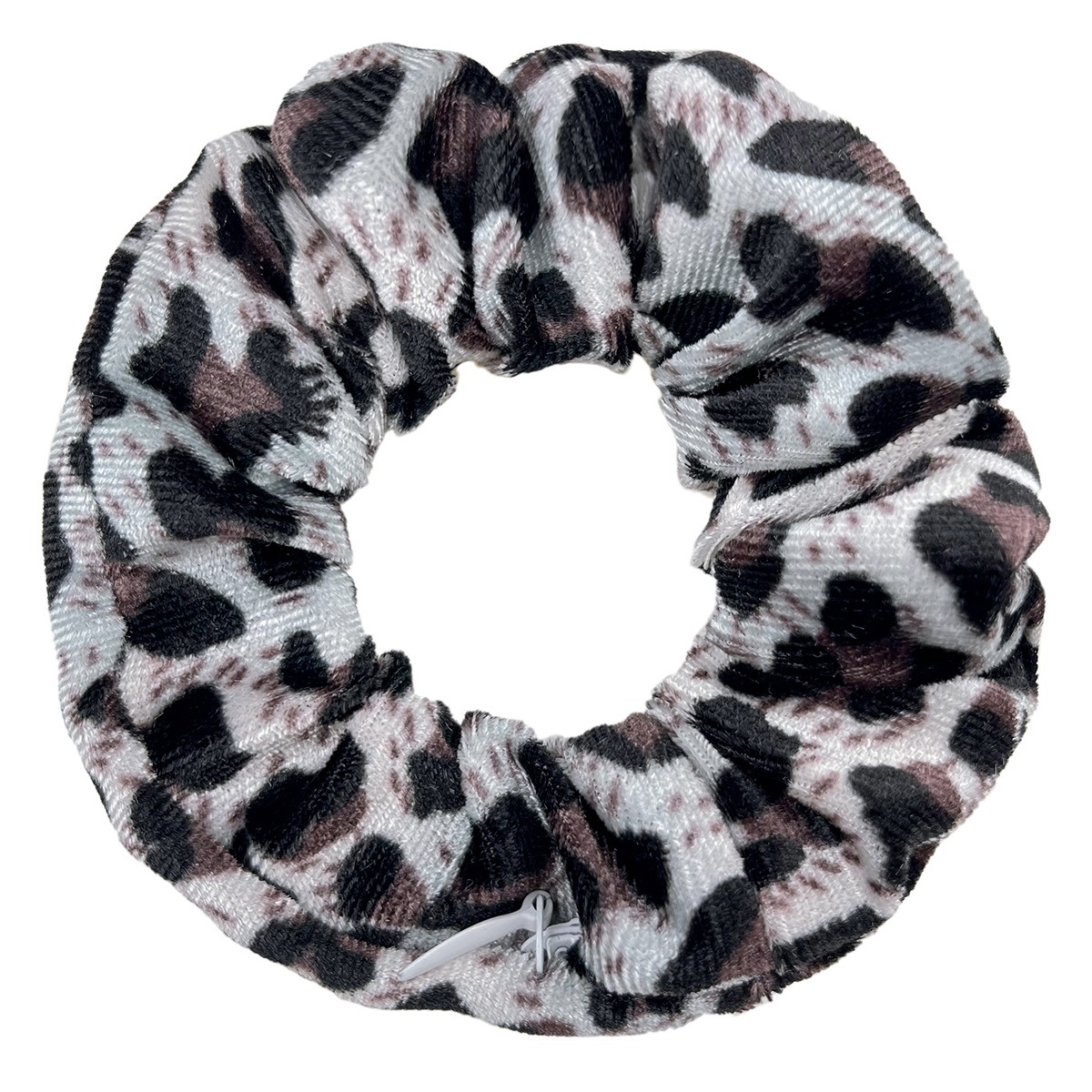 Gray velvet scrunchie with gathered leopard folds
