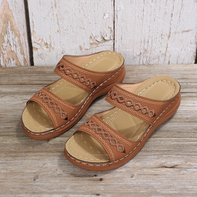 Retro car line anti slip round toe sloping heel comfortable one line sandals for women image 9